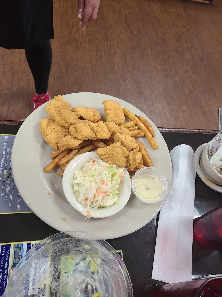 Fish and Chips Dinner Salad and Coleslaw